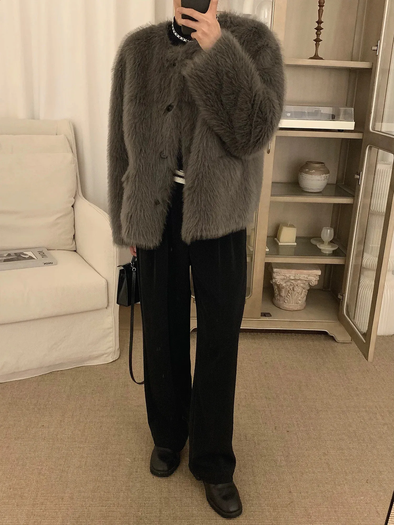 Mens Oversized Faux Lamb Fur Jacket - Warm Winter Solid Color