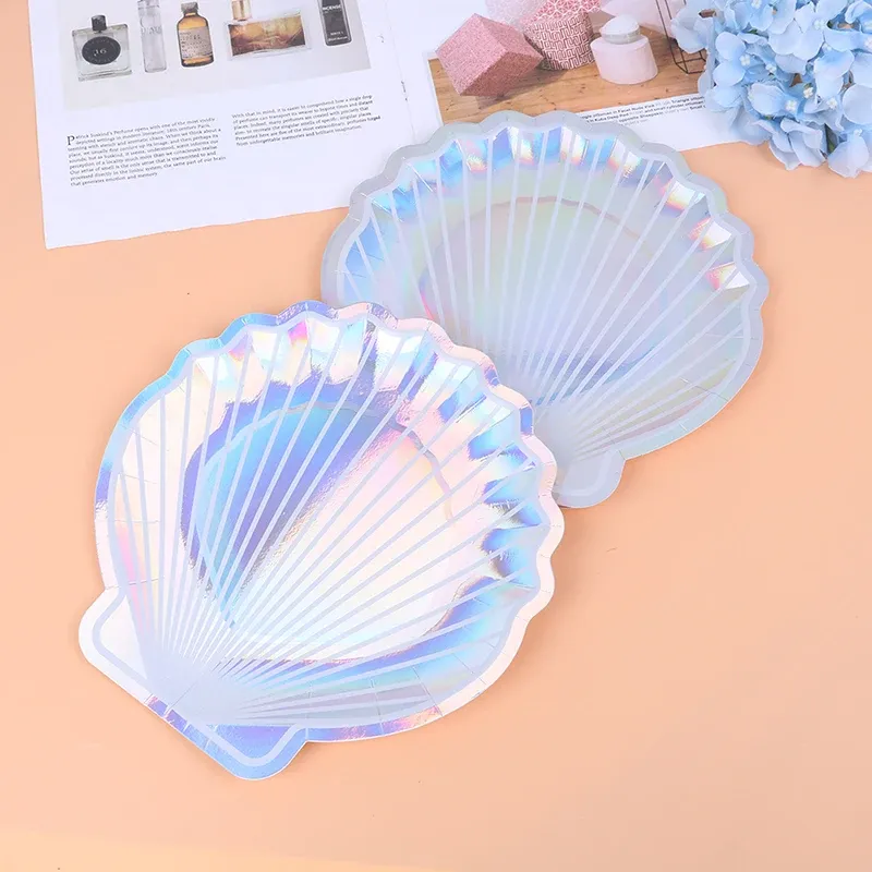 Shells Plates Table Iridescent Shell Party Plates Set - 10 Disposable Tableware for Mermaid ...