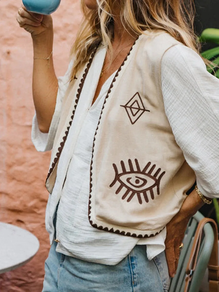 Womens Embroidered Sleeveless Vest Top - Open Front Boho