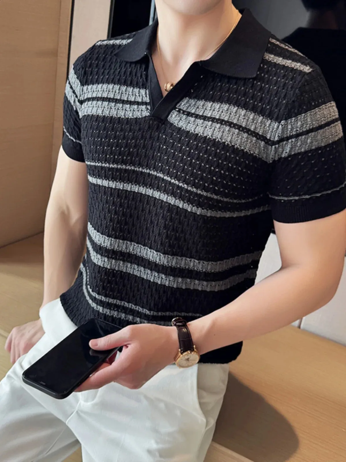 Mens Summer Polo Shirt Retro Collar, Hollow Knitted, Casual