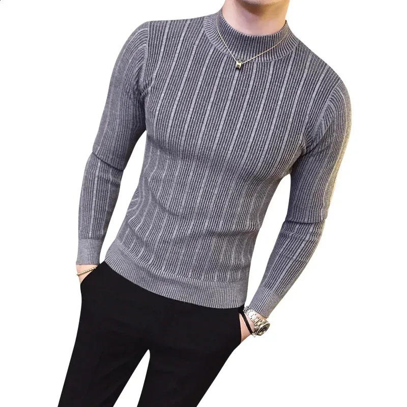 Mens Polo Knit Sweater Fashion Half Navy Blue Collar Striped Slim