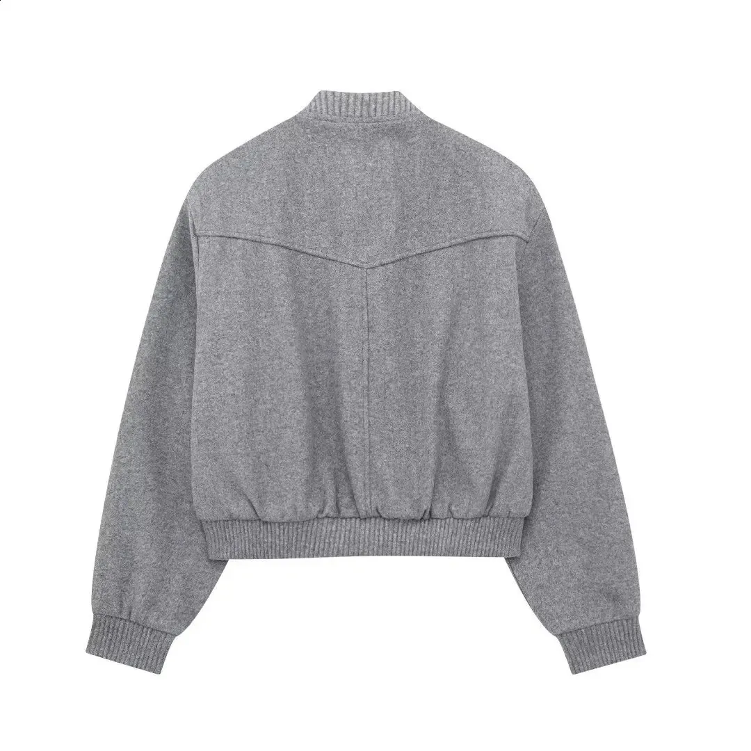 Womens Grey Bomber Jacket: Stand-up Collar, Long Sleeve