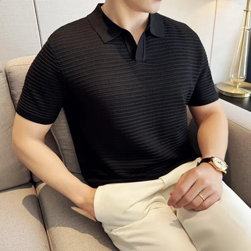 Men's Striped Jacquard Knitted Polo Shirt - Slim Fit, V-Neck, Casual Summer Style, M-3XL Men's Striped Jacquard Knitted Polo Shirt - Slim Fit, V-Neck, Casual Summer Style, M-3XL