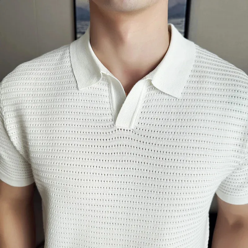 Mens Striped Jacquard Knitted Polo Shirt - V-Neck, Slim Fit, Short