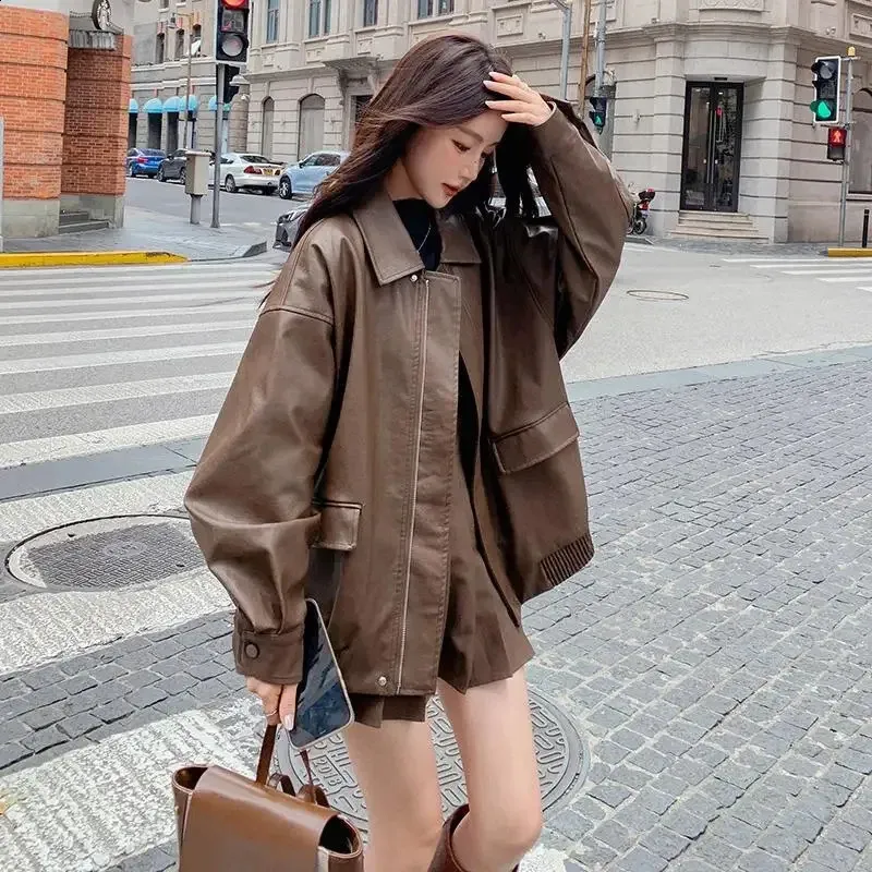Korean Style Retro Leather leather motorcycle coat for Women Korean Style Retro Leather leather motorcycle coat for Women