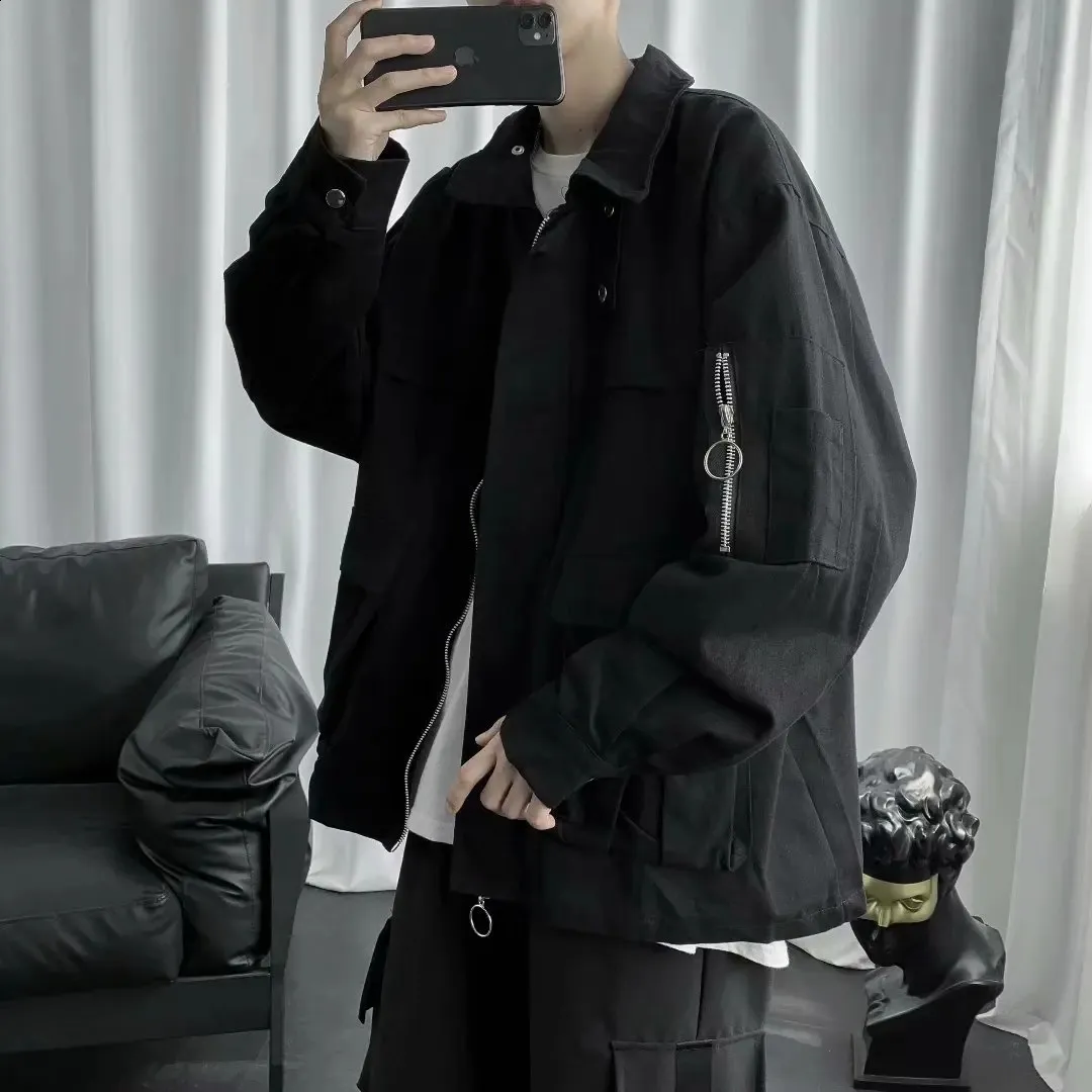 Mens Multi-Pocket Cargo Windbreaker Jacket - Hip Hop