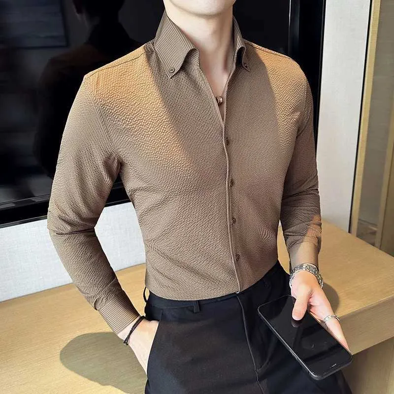 Mens Waffle Knit Shirt, Autumn V Neck Long Sleeve Slim Fit Formal