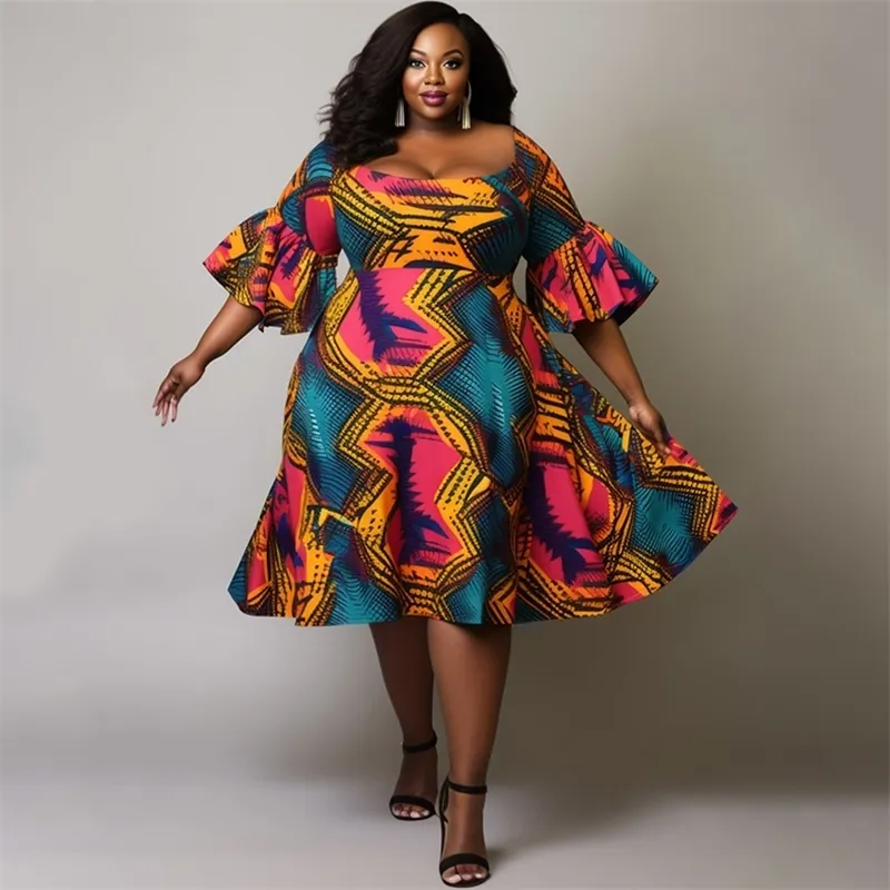 knee length dresses for ladies Ankara Wax Print Midi Dresses main image 1
