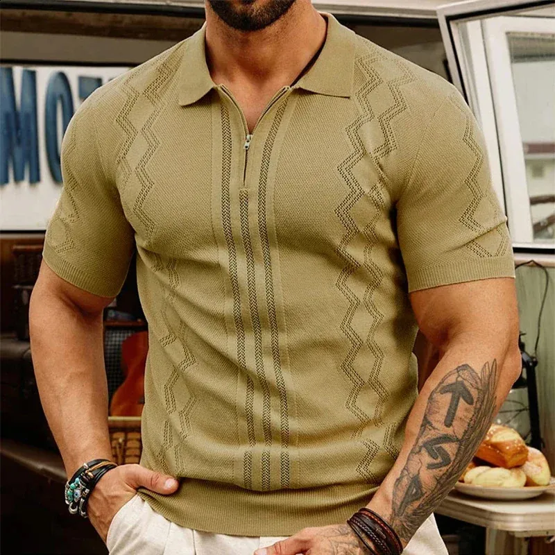 Mens Vintage Striped Jacquard Knit Polo Shirt - Breathable