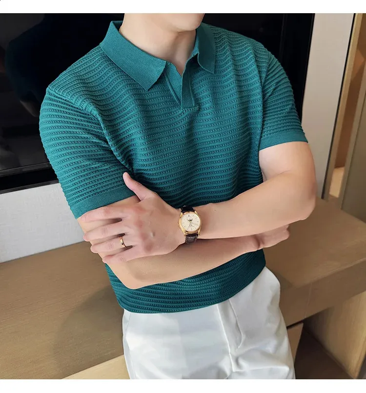 V Neck Polo T Shirts Mens Striped Jacquard Knit Short Sleeve