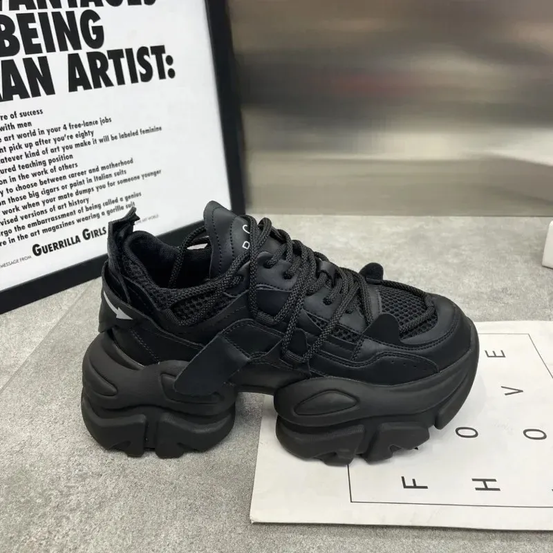 Bulk Black Chunky Leather Sneakers: Platform Ulzzang Sports Shoes