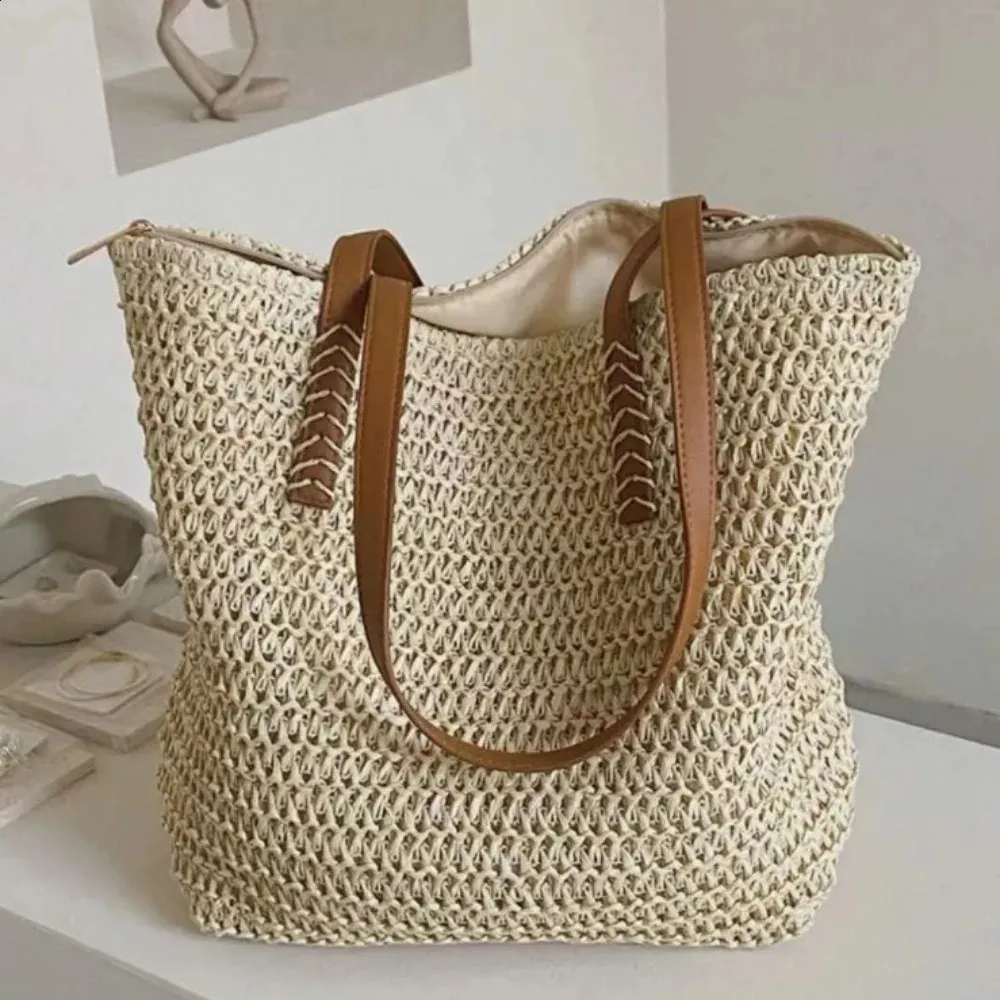 Large Woven Straw Beach Bag for Women - Handmade Knitted Tote with ...