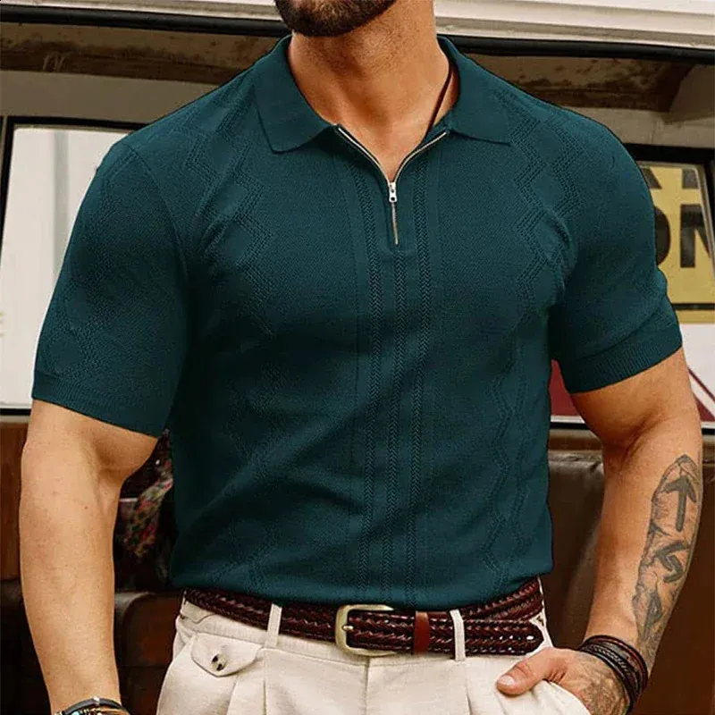 Mens Vintage Striped Jacquard Knit Polo Shirt - Breathable
