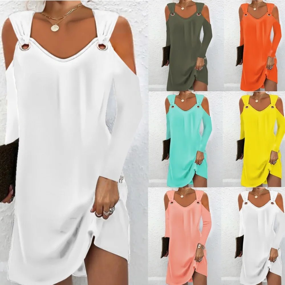 Vestido De Otoño Abotonado En V Sólido |Detalle Del Botón De Metal