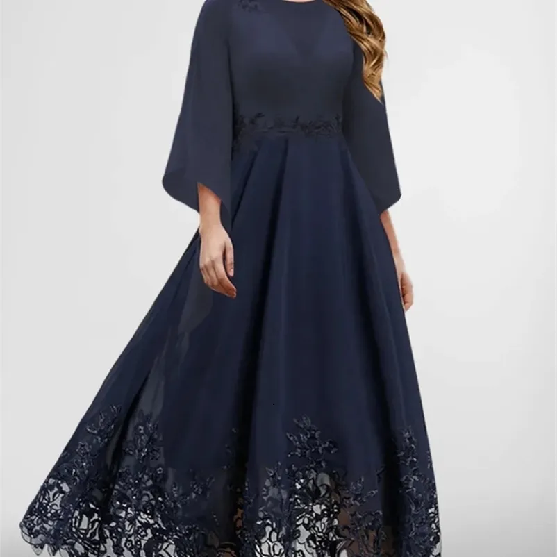 Large Size Official Navy Blue Chiffon Lace Patchwork 3/4 Sleeve