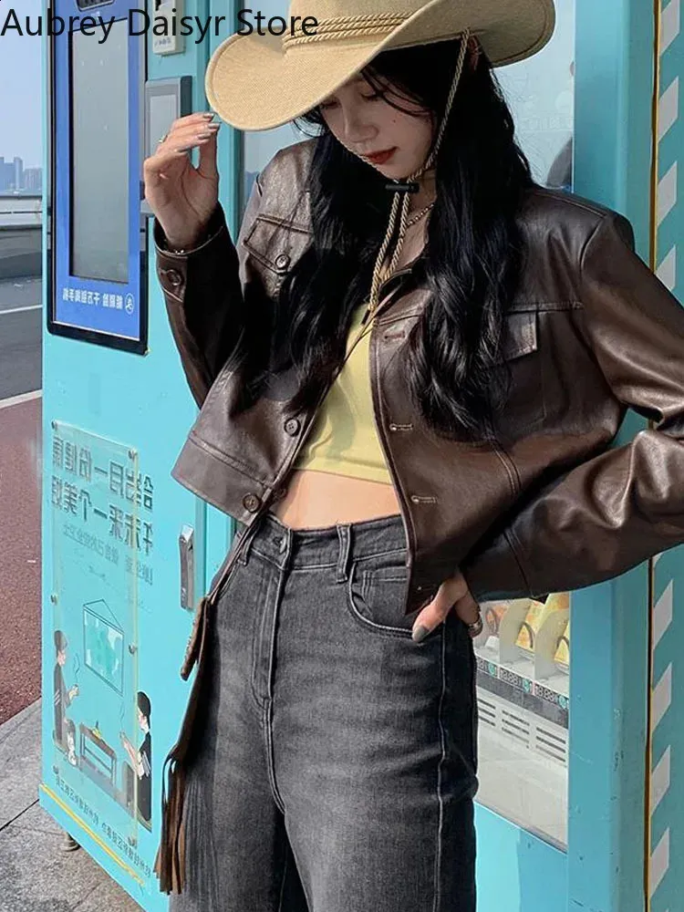 Cropped Leather Jacket Women Korean Y2K Streetwear From