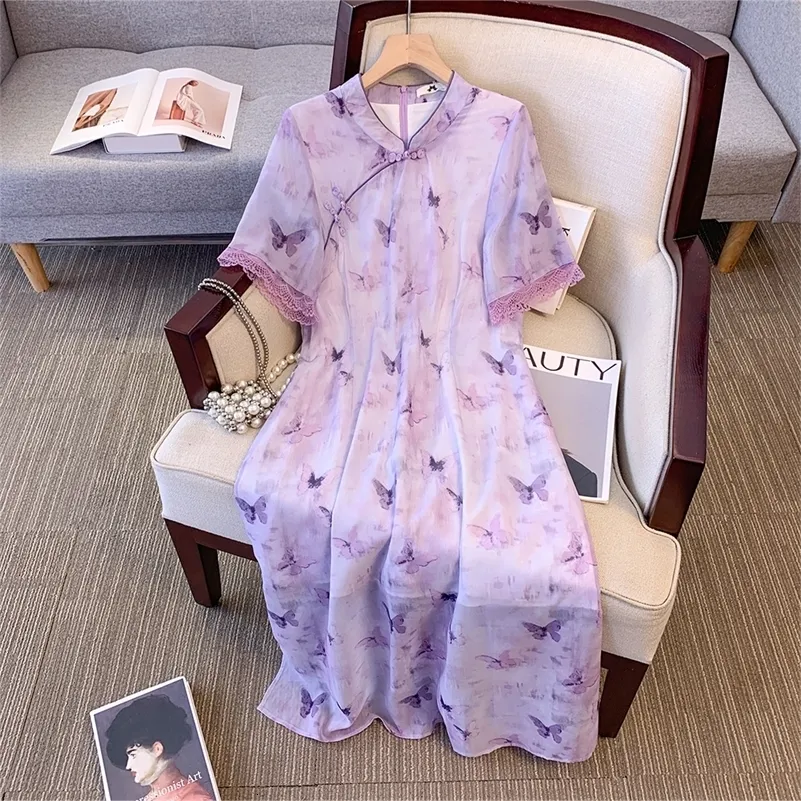 knee length dresses for ladies Loose-Fit Improved Black Butterfly Printed Qipao Cheongsam Dress for Women Black / XL