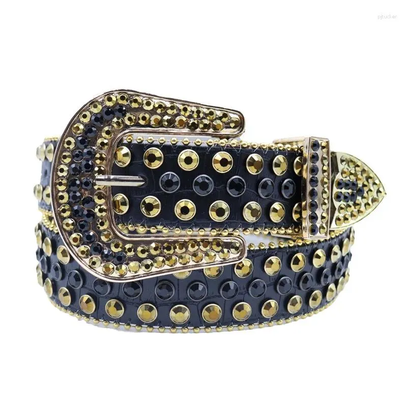 Genuine Leather Narrow Rhinestone Belt with Golden Copper  display picture 1