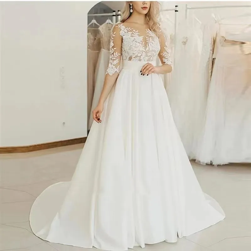 Elegant a line wedding dress with Lace Appliques, Illusion Jewel Neckline, Half Sleeves, and Court Train Elegant a line wedding dress with Lace Appliques, Illusion Jewel Neckline, Half Sleeves, and Court Train