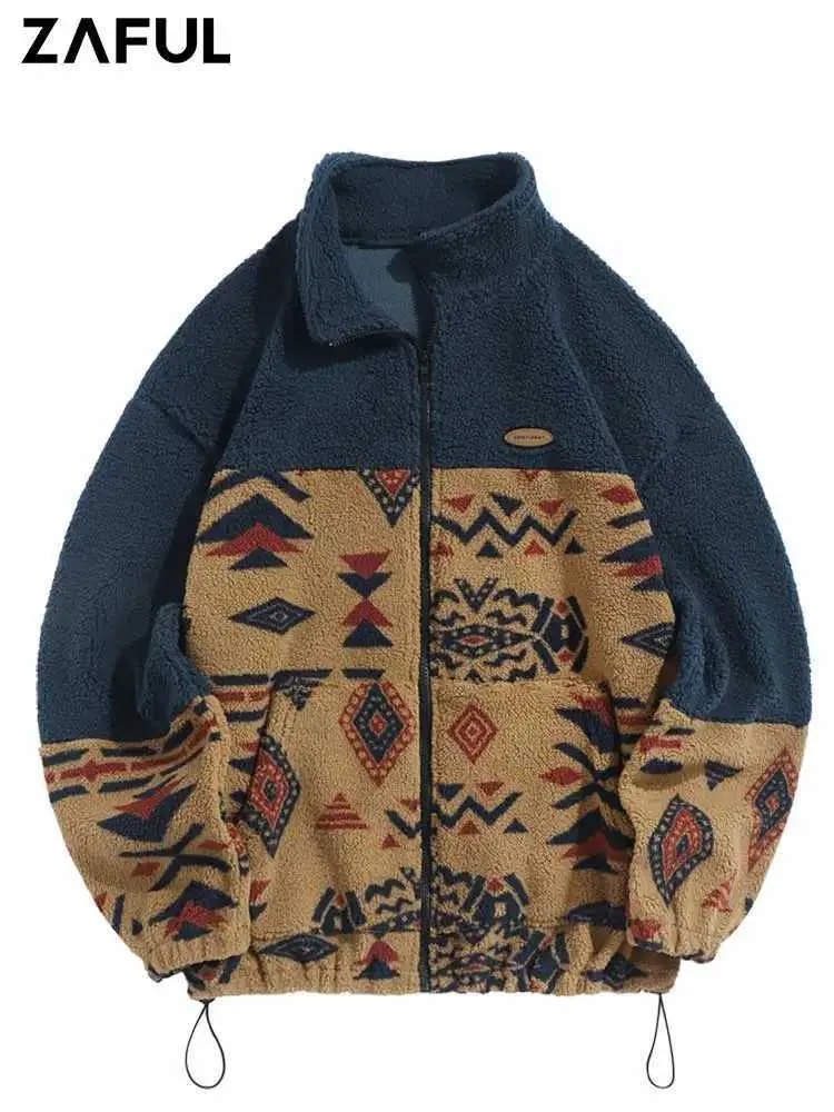 Mens Aztec Printed Winter Jacket Fluffy, Warm, Casual Streetwear