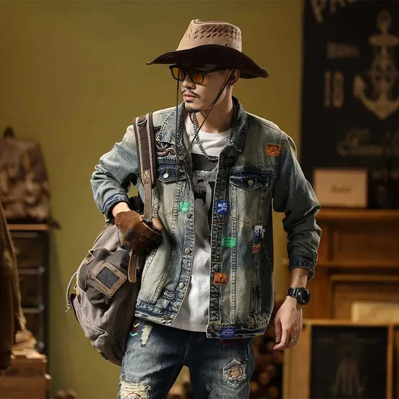 Tote Denim Patch Work Jacket Washed Blue Denim Bomber Jacket For