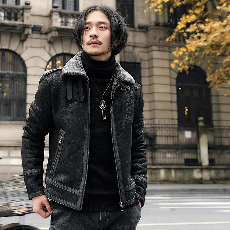 【COSYHARU】Fury Suede Jacket Black Mens Suede Leather Jacket with Faux Fur Collar - Slim Fit