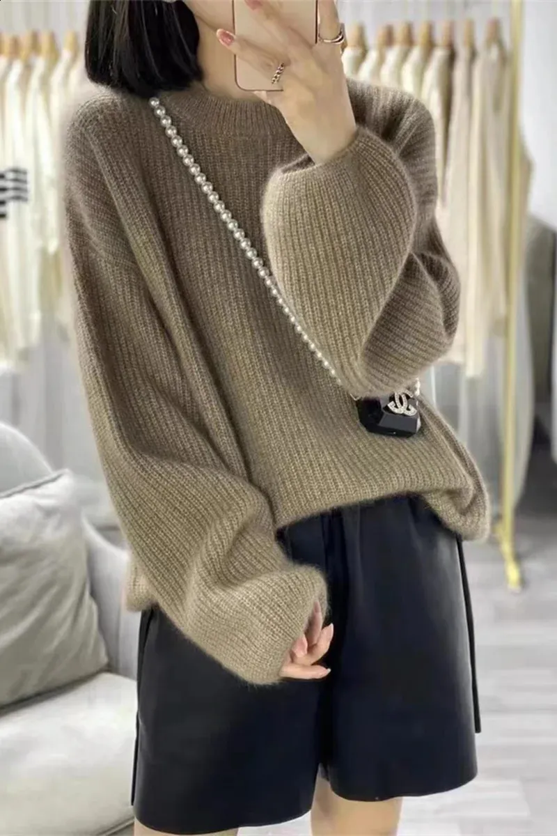 Keusyoi Women's Soft Cashmere Knit Sweater - Elegant O-Neck Pullover For Autumn & Winter (Khaki, Small)