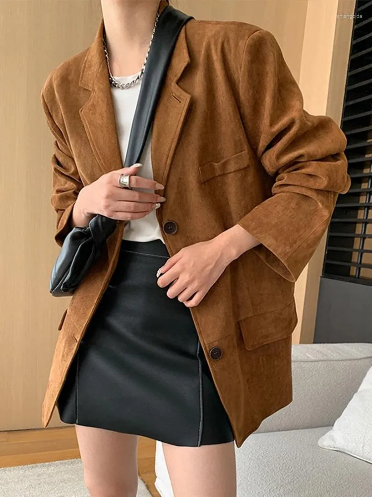 Vintage Suede Blazer: Womens Loose Fit Jacket Brown Lapel, Long