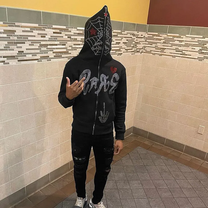 Y2K Gothic Rhinestone Black Zip Hoodie Mens For Men And Y2K Gothic Rhinestone Black Zip Hoodie Mens For Men And