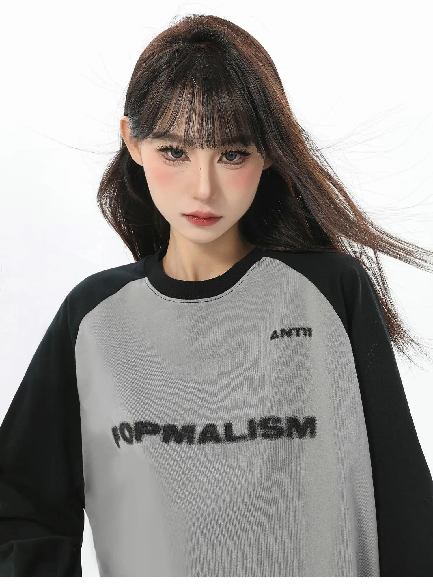 Womens Gray Long Sleeve T-Shirt - Y2K Retro, Letter Print