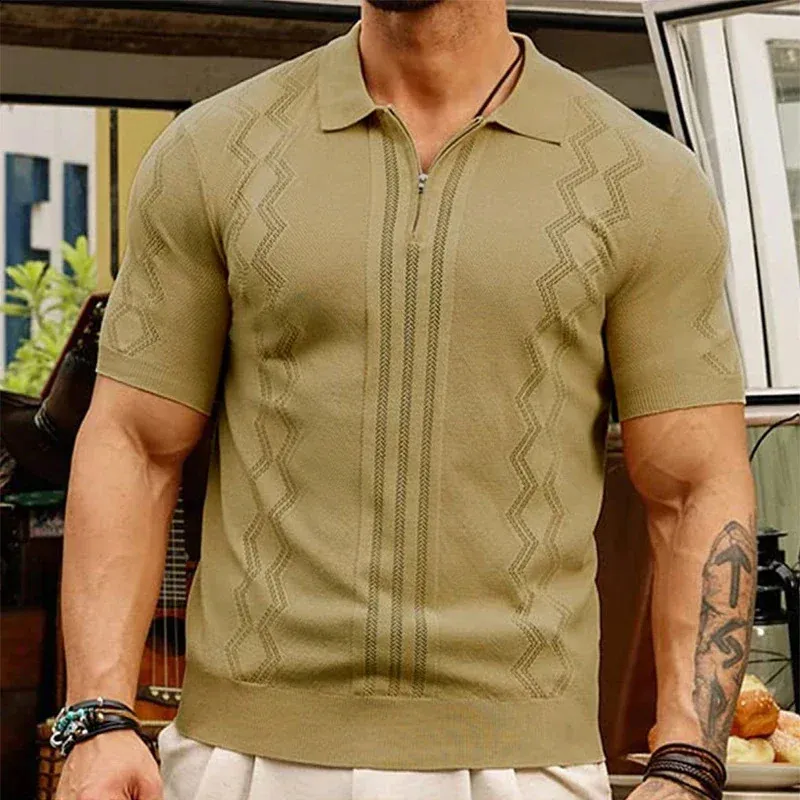 Mens Vintage Striped Jacquard Knit Polo Shirt - Breathable