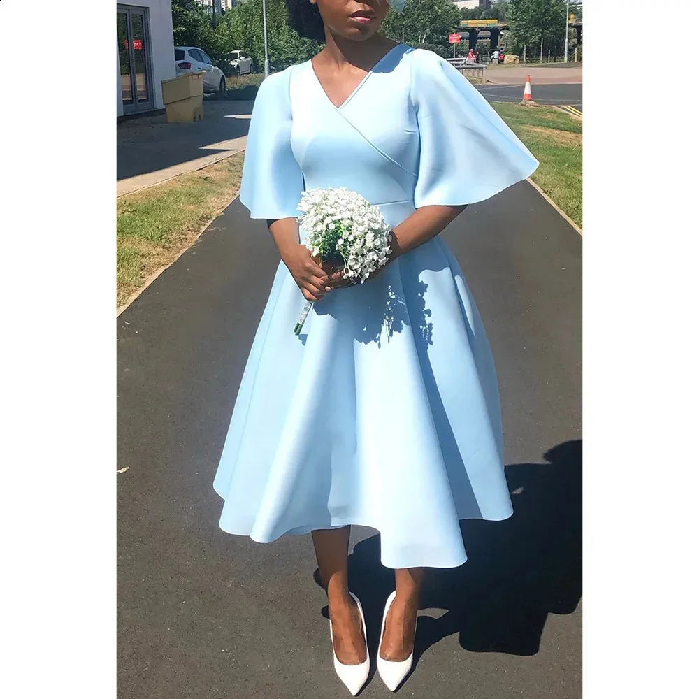 Elegant A Line Blue Formal V Neck Ruffled Sleeves... From Sunshine_girls,  $41.44 | DHgate.Com