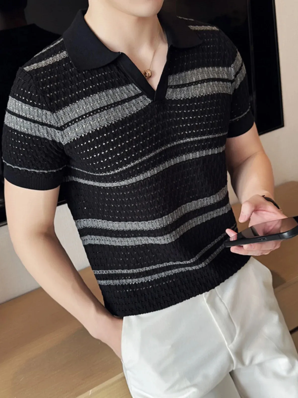 Mens Summer Polo Shirt Retro Collar, Hollow Knitted, Casual