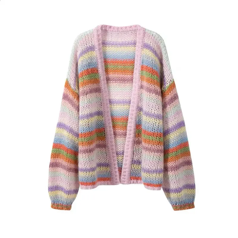 Women Colorful Stripe Mohair Knitted Sweater Cardigan Rainbow Long