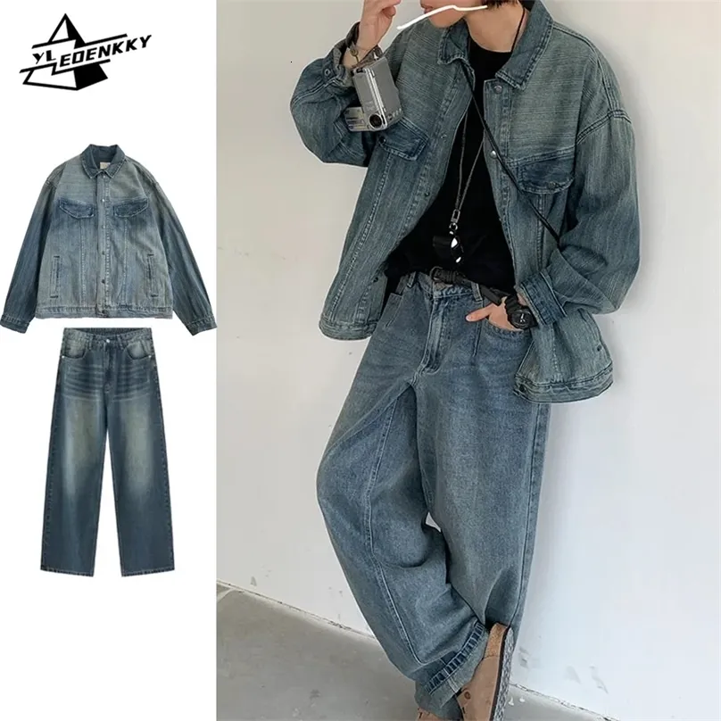 Denim Jacket Jeans Set: Retro Striped Wash, Loose Fit - Shop