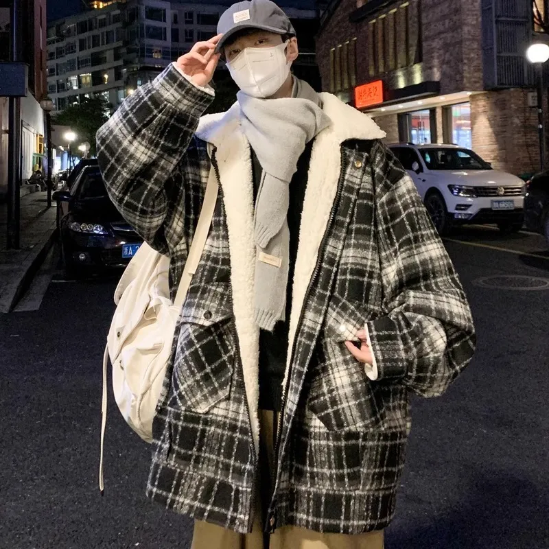 American Fashion Stylecollar Lamb Wool Plaid Cotton Coat Mens