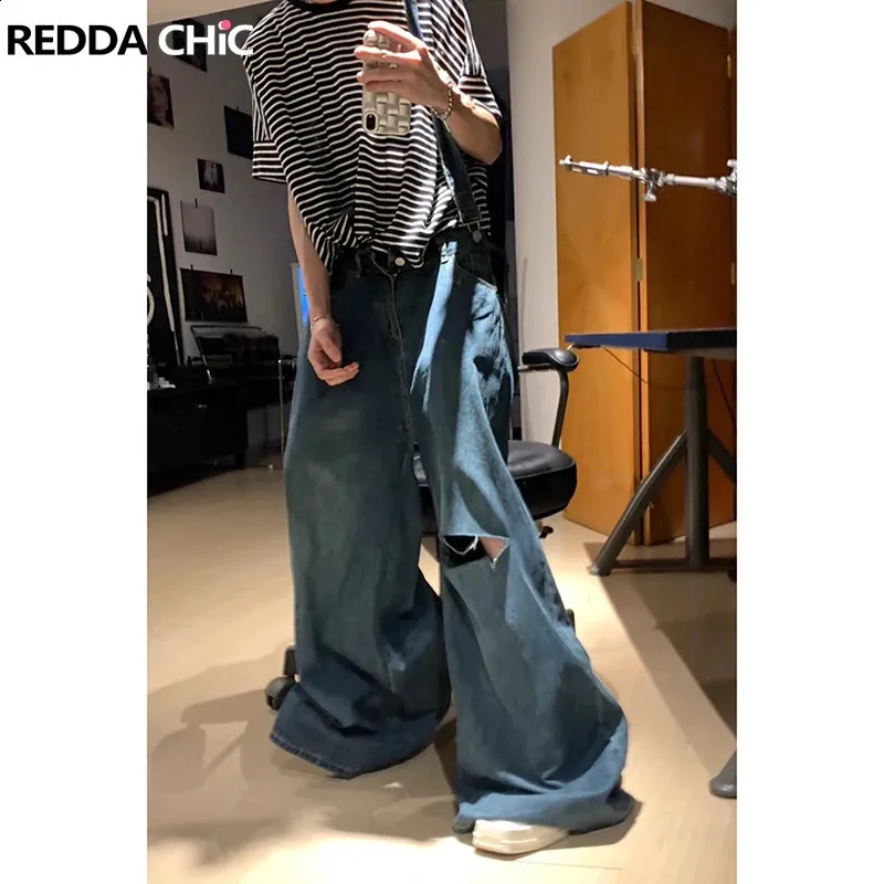 Retro Wide Leg Pants, Relaxed Fit Denim Overalls: Mens