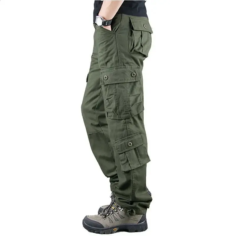 Mens Cotton Cargo Pants - Multi-Pocket Casual Joggers, Full Length