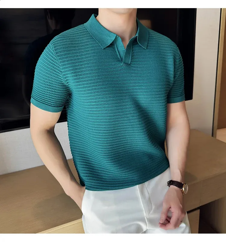 トップス KNIT POLO SHIRT Mens Striped Jacquard Knitted Polo Shirt - V-Neck, Slim Fit