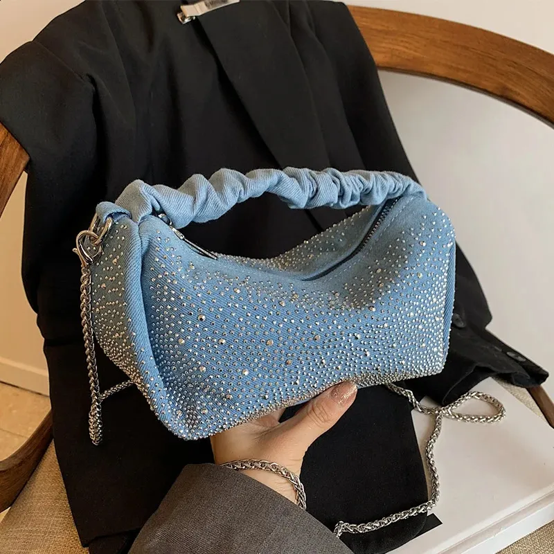 Denim Studded Flap Shoulder Clutch Bag - Distressed Jeans Fabric, Removable Chain Strap, 12x7.5 Inches - View #7