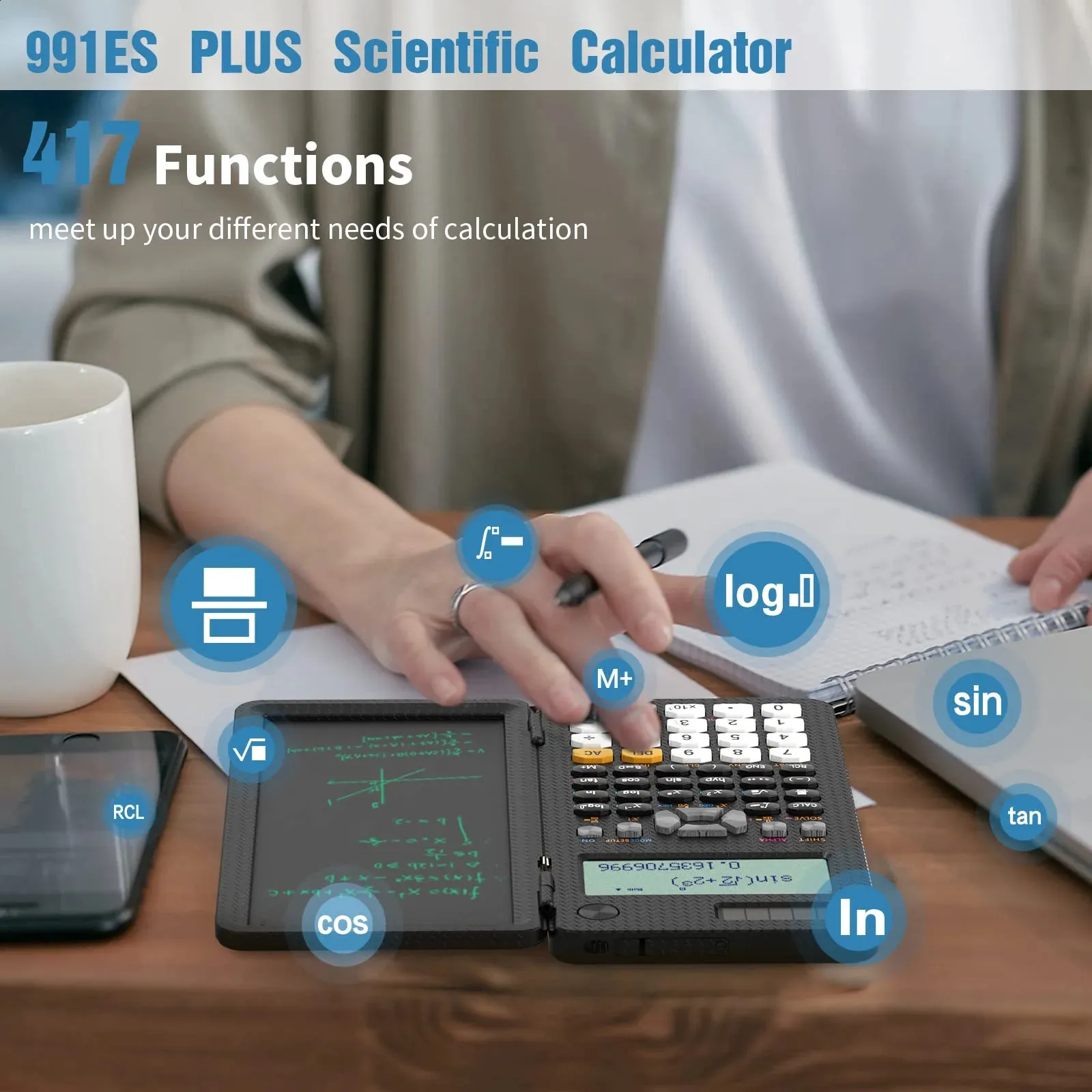 Calculatrice Scientifique Avec Bloc-notes, 15,91 X 3,54 X 1,5 C, Grand écran à 10 Chiffres