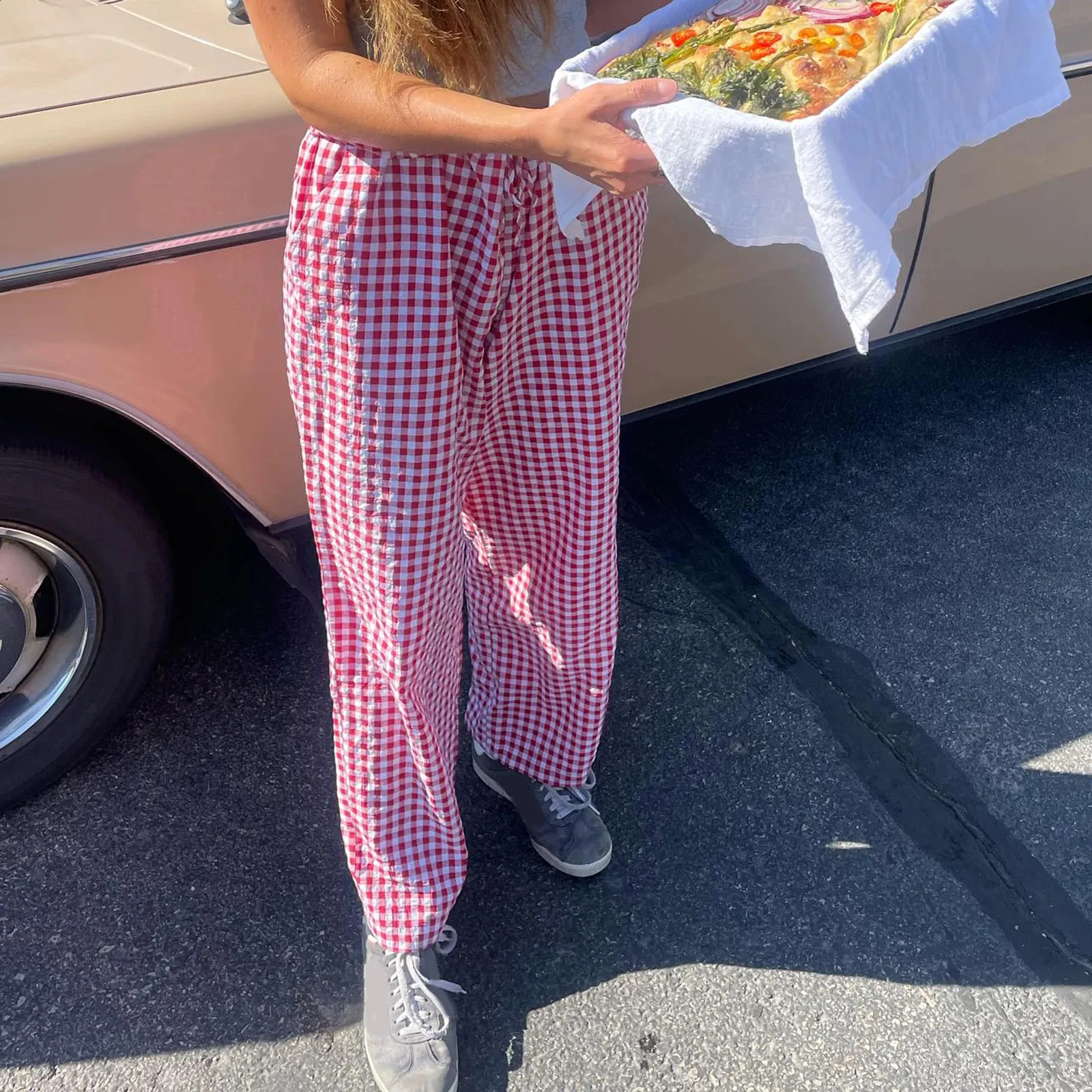 Save Big on Bulk Women's High Waisted Plaid Pants Women's Y2K High Waist  Wide Leg Sweatpants Striped Plaid Pattern, Vintage Aesthetic, Retro