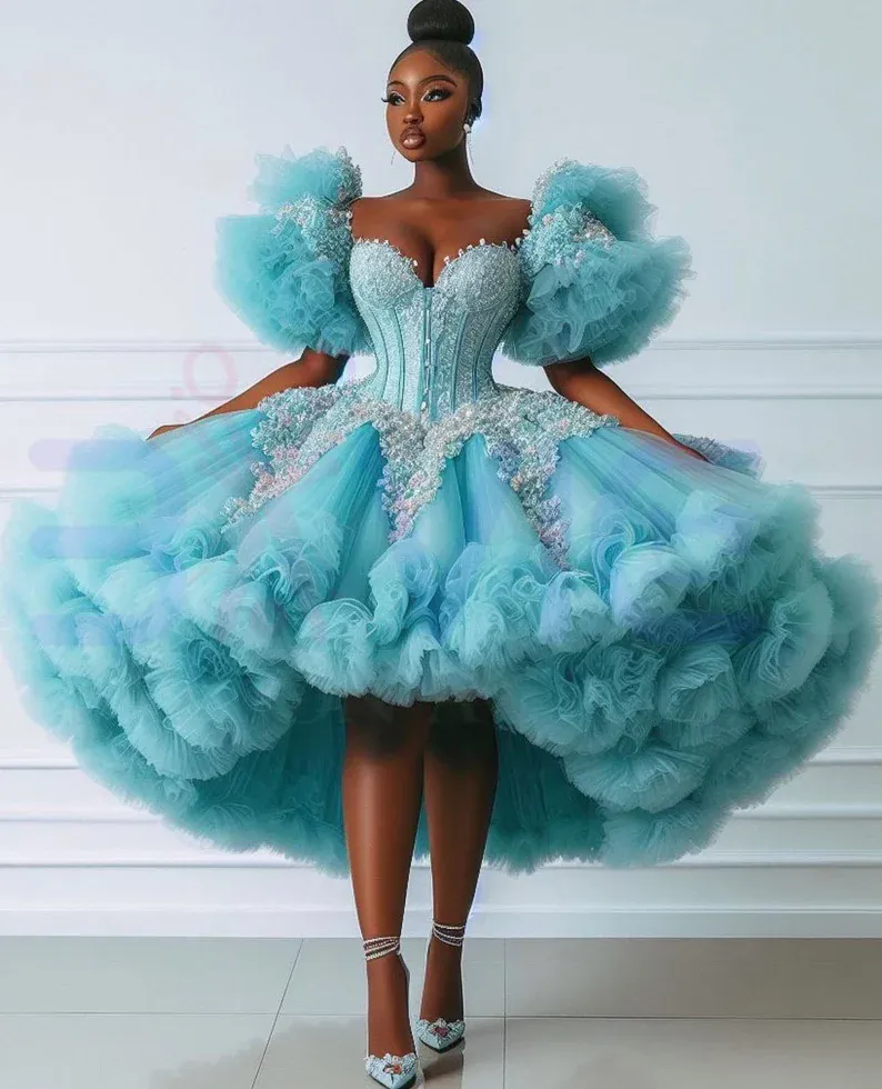 Blue Evening Gowns: Sweetheart Neckline Prom Dresses, Elegant High Low  Ruffle Gown, Puffy Sleeves For Special Occasions From Bestbrides, $176.45 |  DHgate.Com