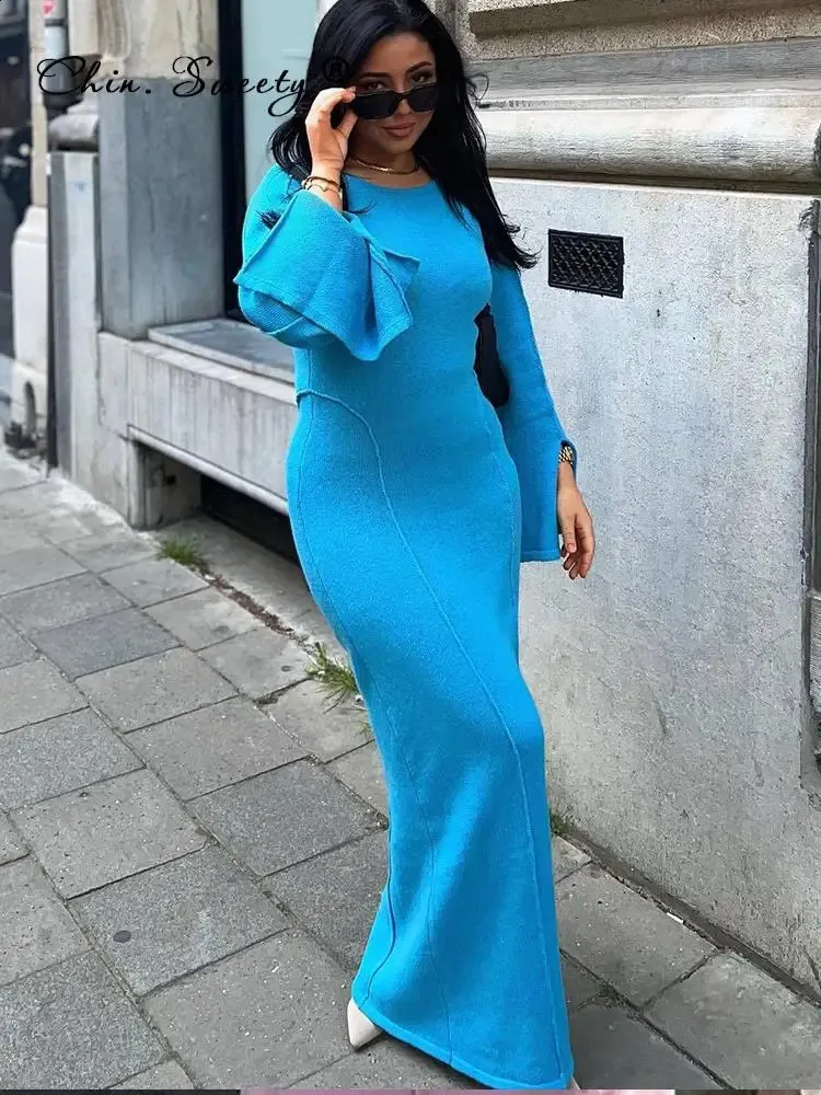 Knitted Flare Sleeve Maxi Dress Womens Patchwork Splicing Pullover Chiffon  Floor-Length Short Sleeve from Dhgate Basic & Casual Dresses - price 89.68