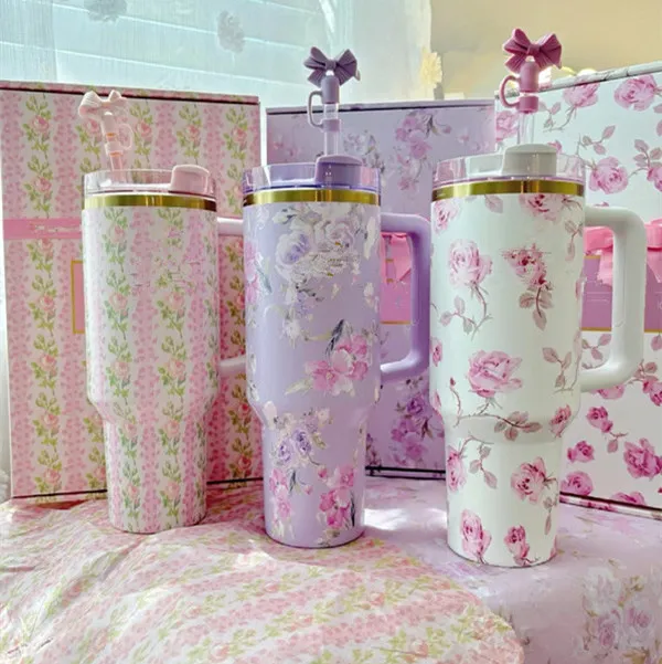 Save Big on Bulk 40 Oz Tumbler With Straw Tumblers With Straws: 40oz  Stainless Steel Tumbler With Handle, Lid, Straw Floral Design, US Stock  Best