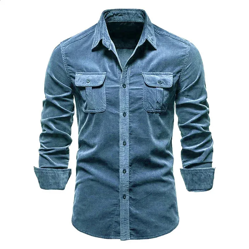 Stand Collar Shirt Mens: Corduroy Long Sleeve Button Down