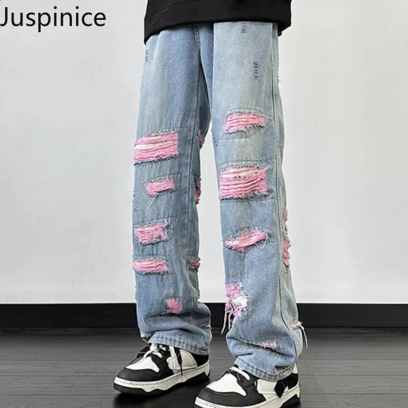 Retro Hip Hop Mens Pink Denim Jeans: Ripped, Loose Fit, Cool