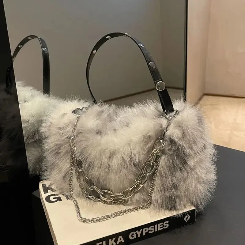 Y2K Women Shoulder Bag Burgundy Faux Fur Mini Crossbody Purse with