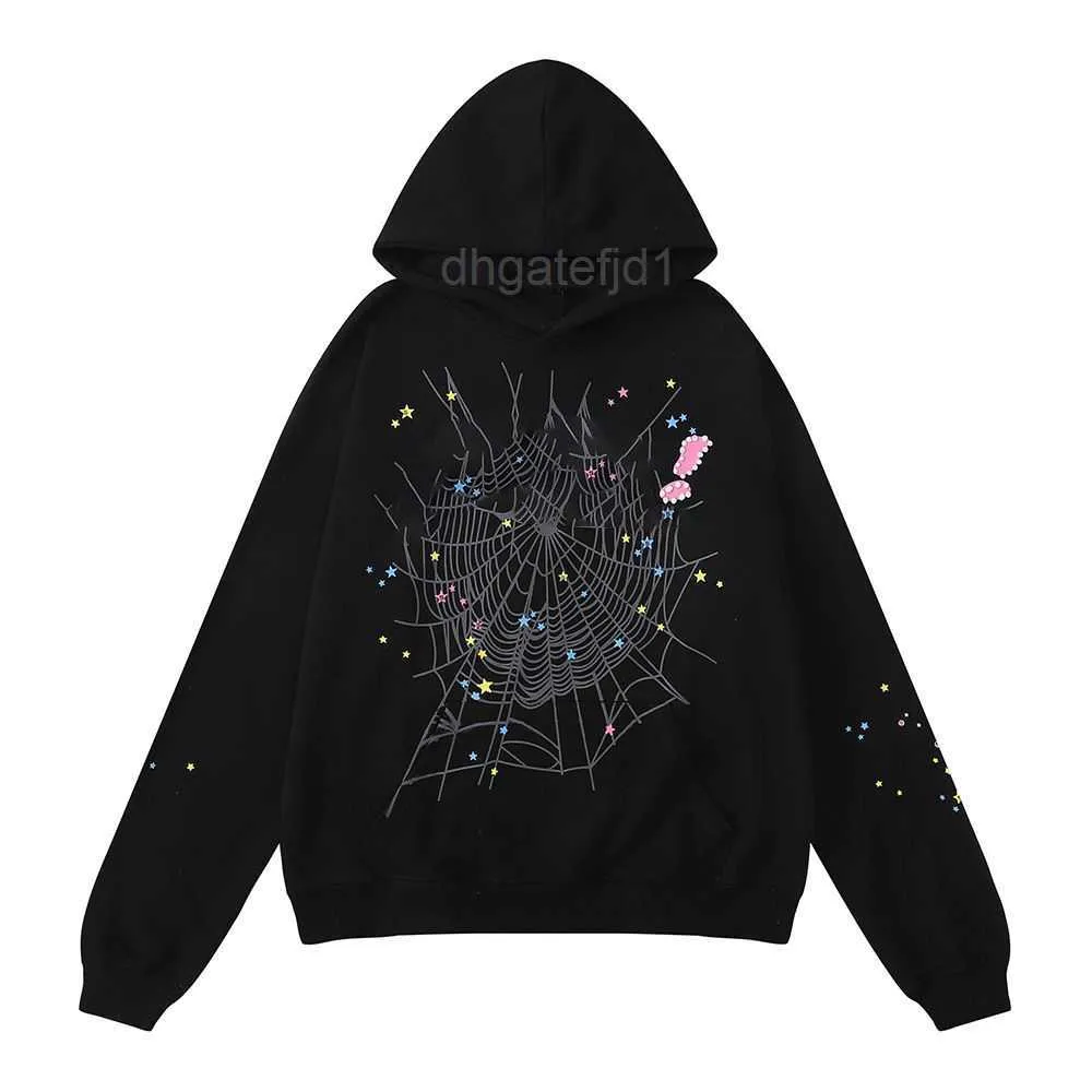 5A Designer fluffy hoodie young thug mens and womens 1 1 high quality foam spider web print pink 55555 sweatshirt mens sportswear womens pullover