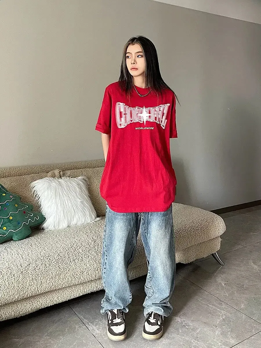 Women's Loose Fit Cotton Sport T Shirt Red Black Star Print Up To